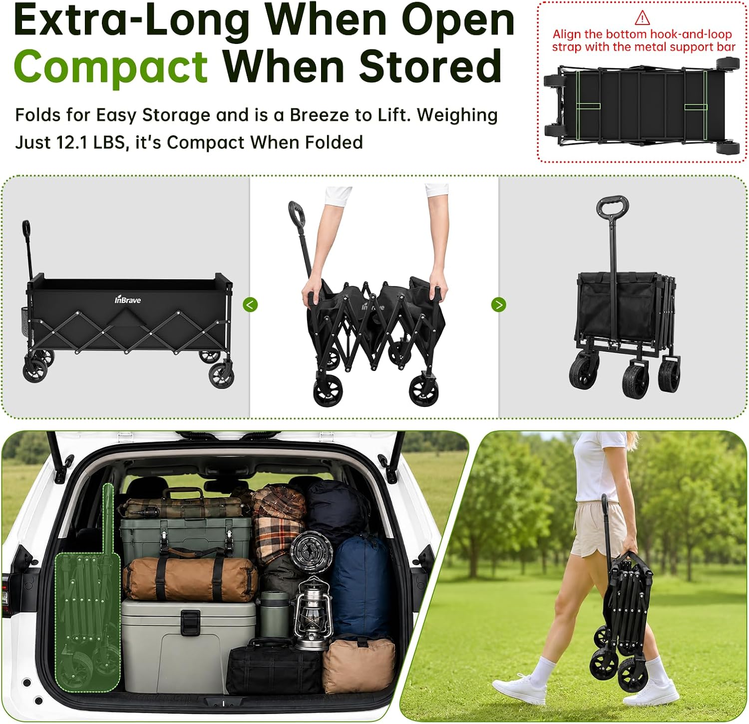 Thumbnail 2 de InBrave Extra Long Collapsible Wagon Cart (480LBS) with All-Terrain Wheels, Foldable Utility Cart for Beach, Camping & Shopping
