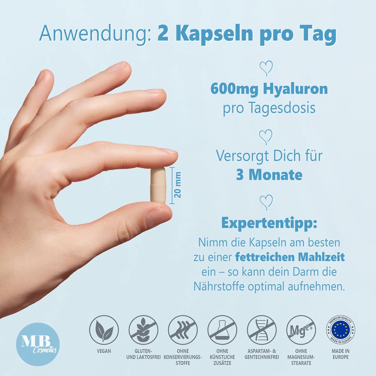 Detalle de 180 Hyaluronsäure Kapseln hochdosiert mit Zink, Curcumin & Grüntee-Extrakt – vegan, ohne Zusätze, Made in Germany