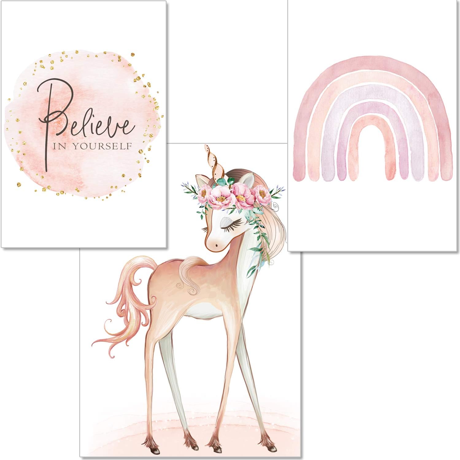 artpin® Einhorn Bilder Kinderzimmer 3er Set – DIN A4 Wanddekoration Rosa Regenbogen