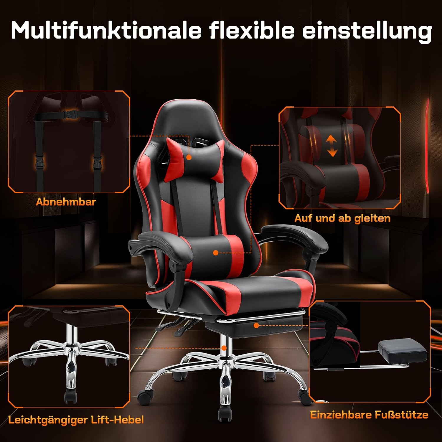 Thumbnail 4 de Sweetcrispy Gaming Stuhl – Ergonomischer Bürostuhl mit Fußstütze, Lendenkissen und verstellbarer Rückenlehne