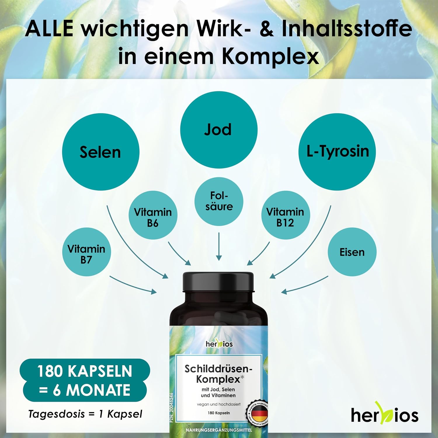 Detalle de HERBIOS Jod-Selen Komplex – 180 Schilddrüsen-Kapseln für bis zu 6 Monate (vegan, laborgeprüft) mit L‑Tyrosin, Eisen, B‑Vitamine & Folsäure