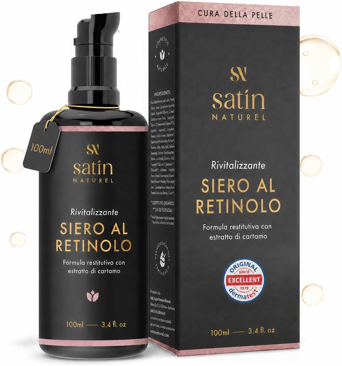 Detalle de Satin Naturel Siero al Retinolo 100 ml – Siero viso anti-age con Retinolo, acido ialuronico, Niacinamide e Aloe Vera Bio