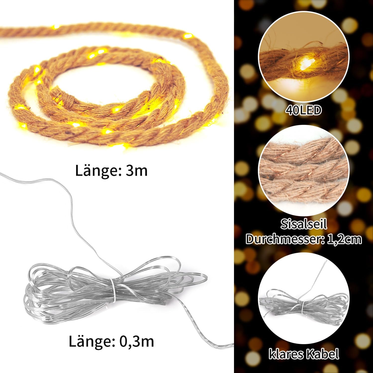Thumbnail 2 de Gresonic LED Lichterkette Solar Seil Beleuchtung 40 LEDs – 3 m, warmweiß, IP44, Naturkordel