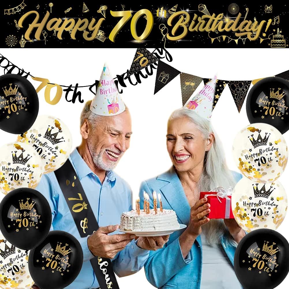 Thumbnail 6 de 14-Piece 70th Happy Birthday Decorations Kit with 9ft Banner, Triangle Flags, Confetti Balloons