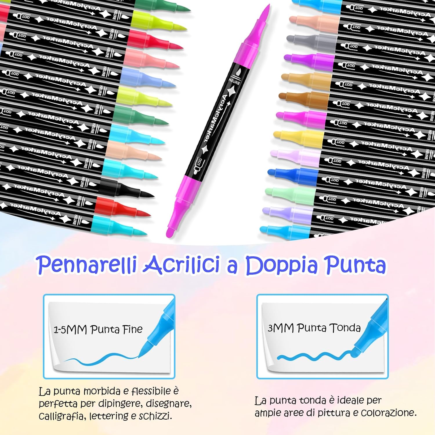 Thumbnail 2 de Dictien 24 Colori Pennarelli Acrilici Doppia Punta | Set Doppia Punta 3 mm + Pennello 1–5 mm perSuperficie Vetro, Pietra, Legno, Tessuti