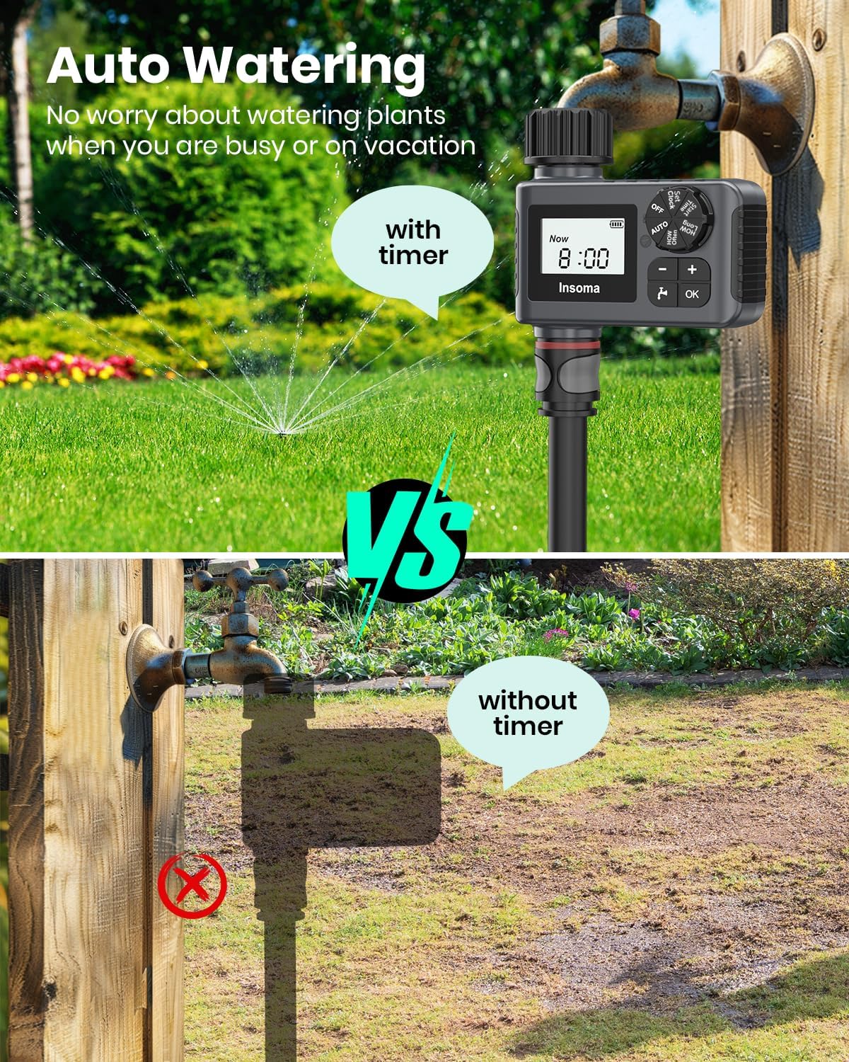 Detalle de Insoma Outdoor Garden Hose Faucet Timer (Programmable) with Rain Delay, Manual & Automatic, 1 Outlet