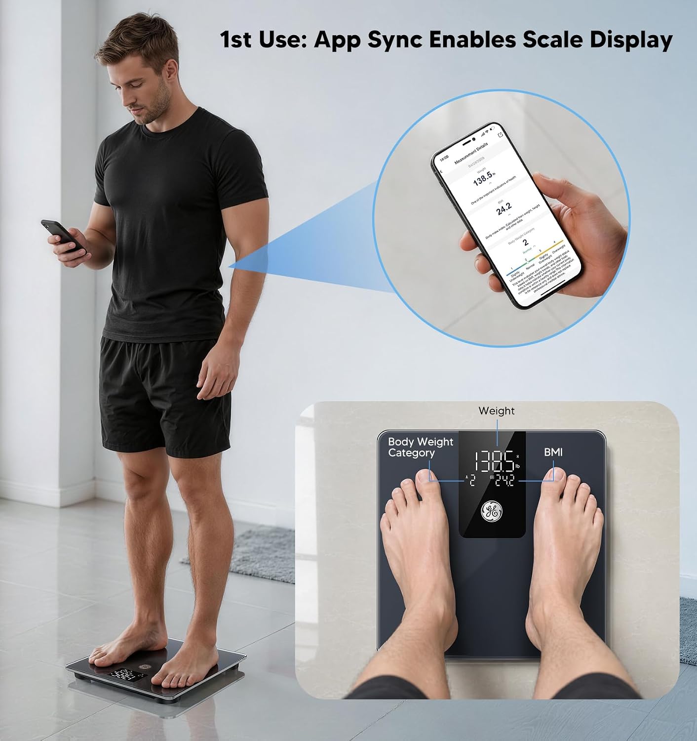 Thumbnail 1 de GE 11-Inch Digital Bathroom Scale, Tempered Glass, Bluetooth, Weight and BMI