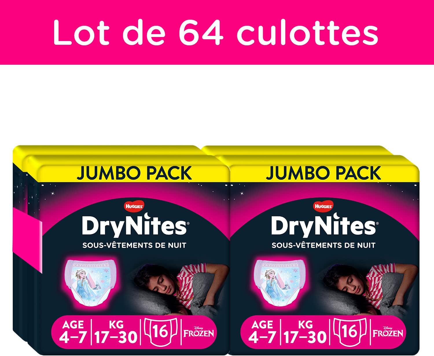 Thumbnail 1 de Huggies DryNites 4-7 ans Fille (17-30 kg) – Culottes de nuit absorbantes Disney Reine des Neiges, lot de 64 (4 paquets de 16)