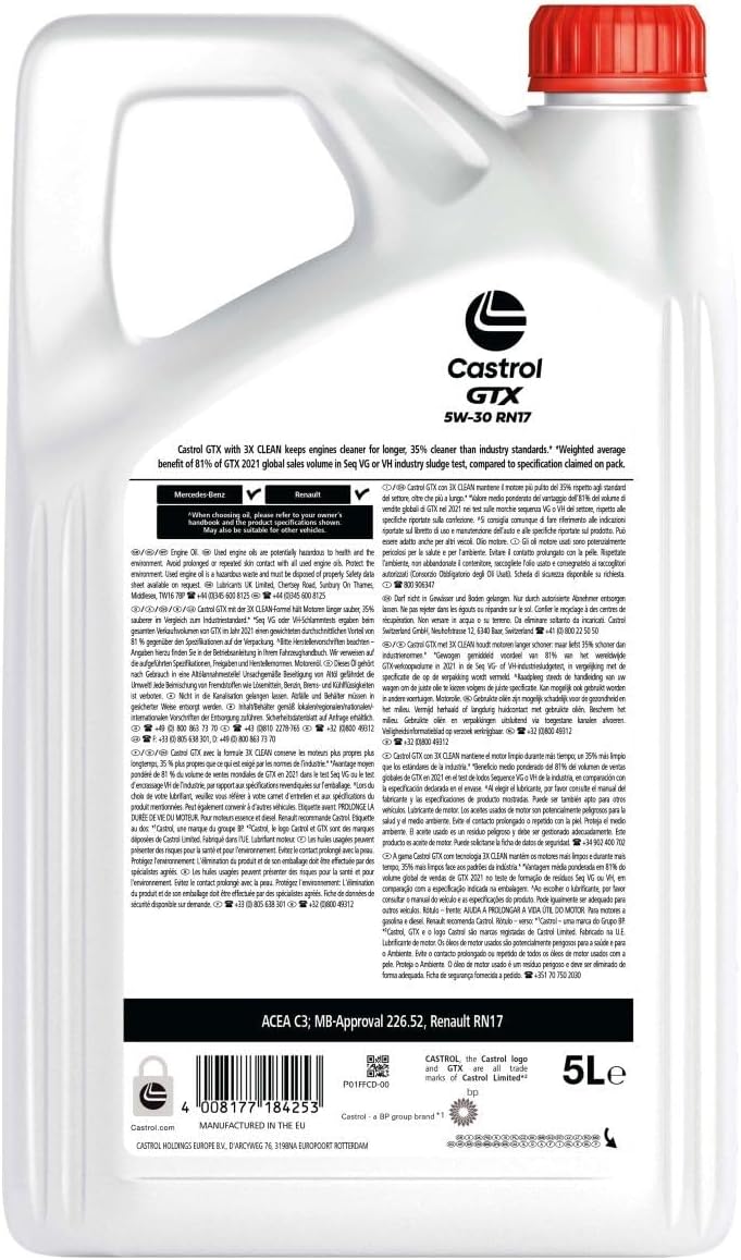 Detalle 2 de Castrol GTX 5W-30 RN17 5L Motoröl 🛢