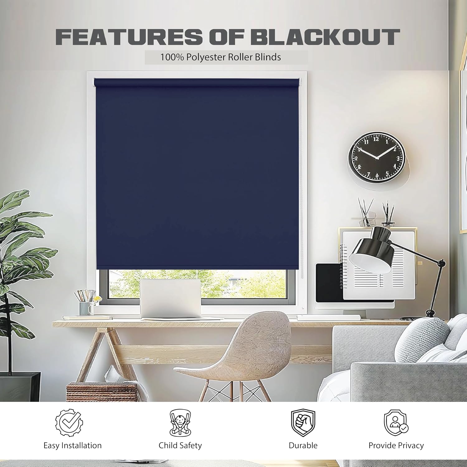 Detalle de FUNKY GADGETS Blackout Roller Blinds, Navy (90cm Wide x 165cm Drop)