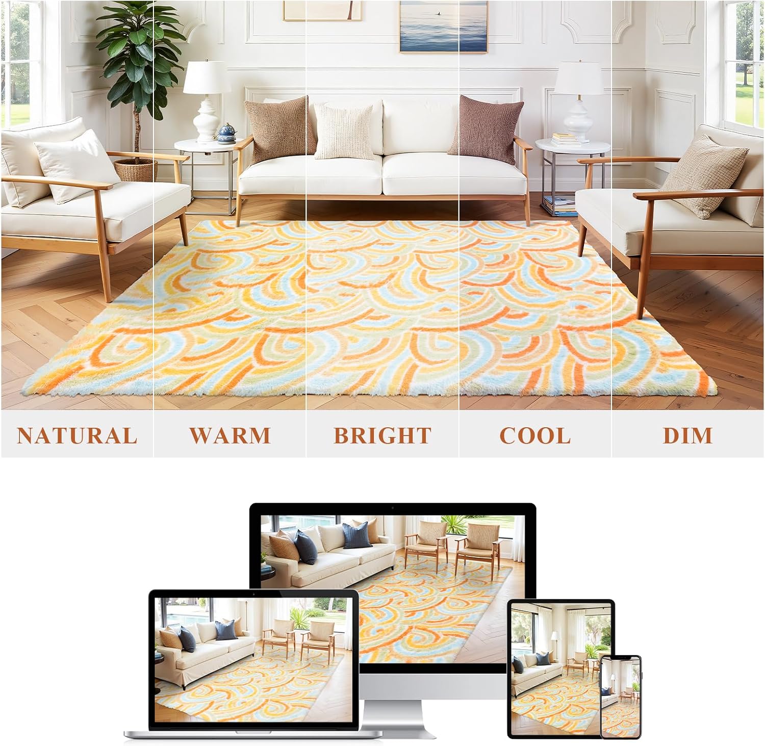 Thumbnail 6 de Enyhom Teppich Wohnzimmer Hochflor Regenbogenmuster, 120 x 160 cm, Orange – rutschfest und waschbar