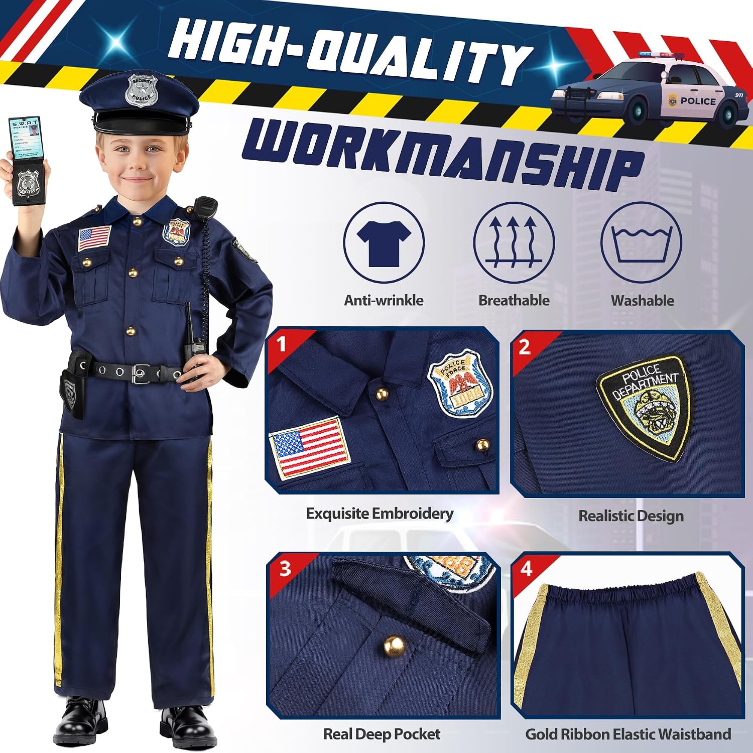 Detalle de Joycover Kids’ Police Costume Set with Polyester Uniform and Role-Play Accessories