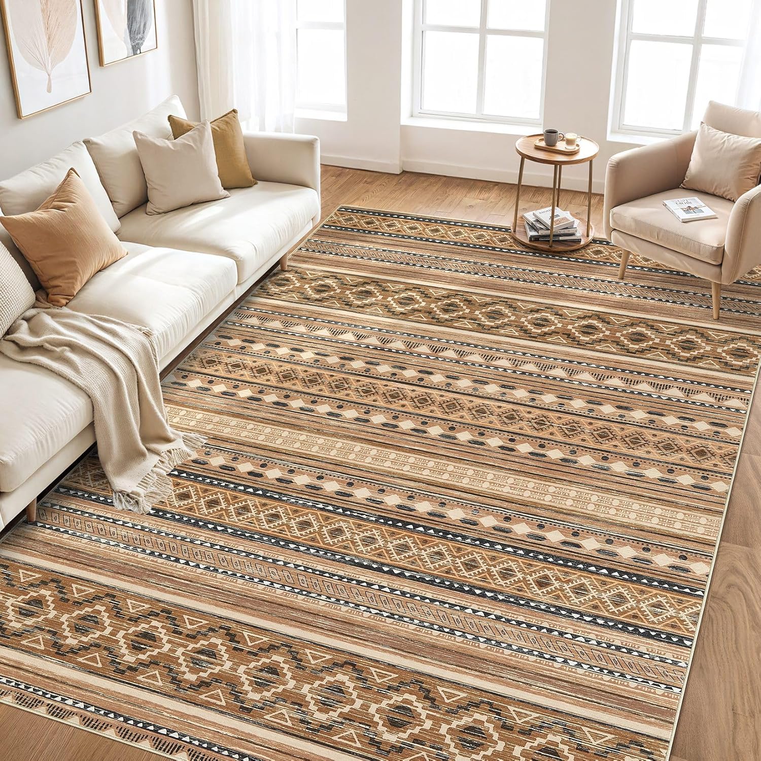 Thumbnail 6 de cotiled 8x10 Washable Boho Area Rug with Non Slip Backing (Brown/Beige)
