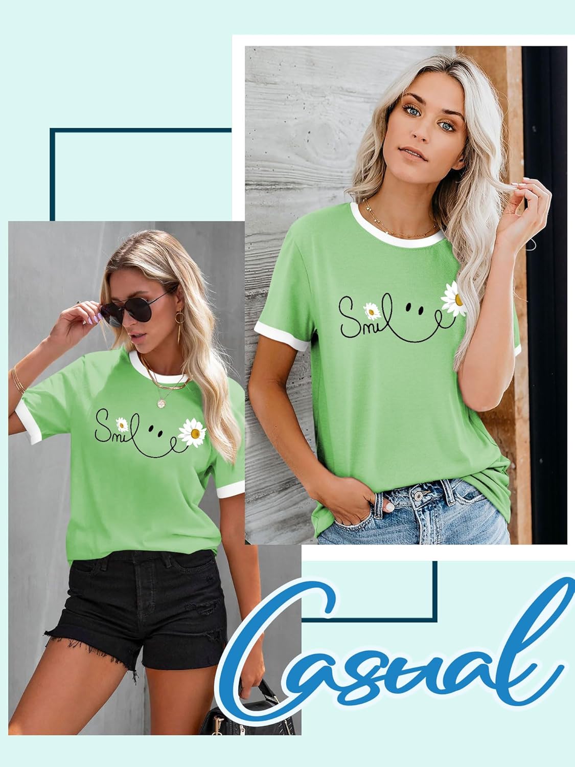 Thumbnail 1 de Yihelian Daisy Print Rundhals Top für Damen – Sommerliches Kurzarm-T-Shirt mit Smile-Print