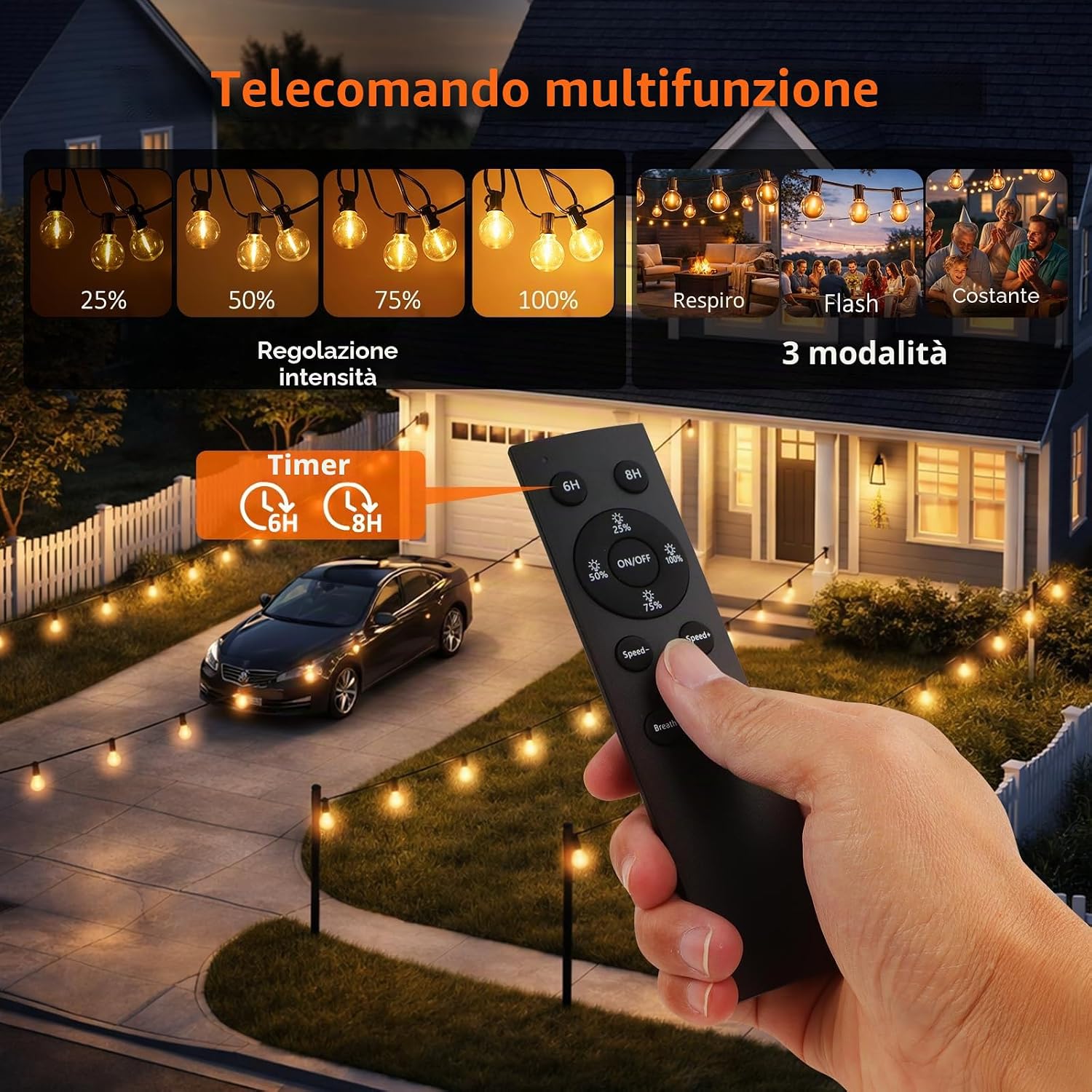 Detalle de Catena Luminosa Esterno Kangtaixin 7.6M con 12 LED + 2 ricambio, IP44, Dimmerabile e Timer