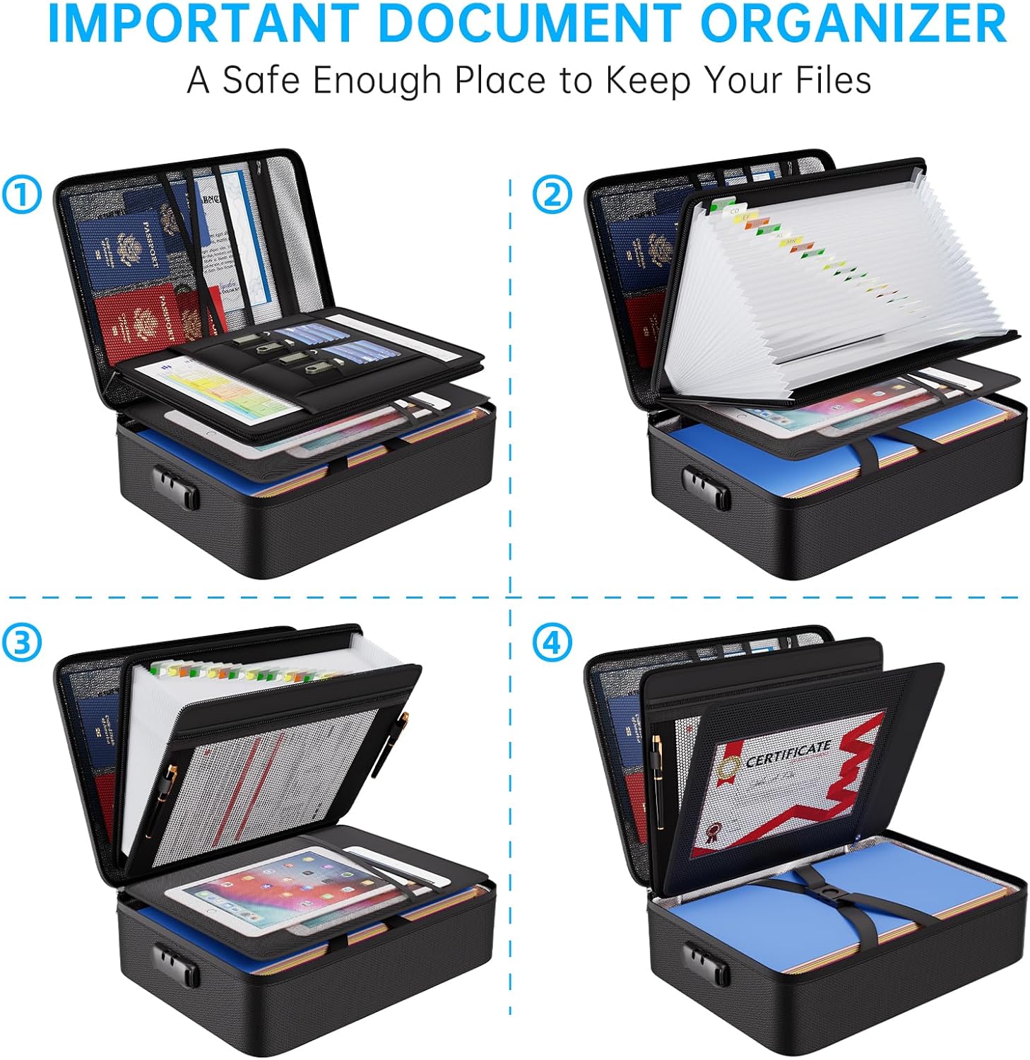 Detalle de ENGPOW Fireproof Document Box with Lock, 25-Pocket Organizer, Water-Resistant