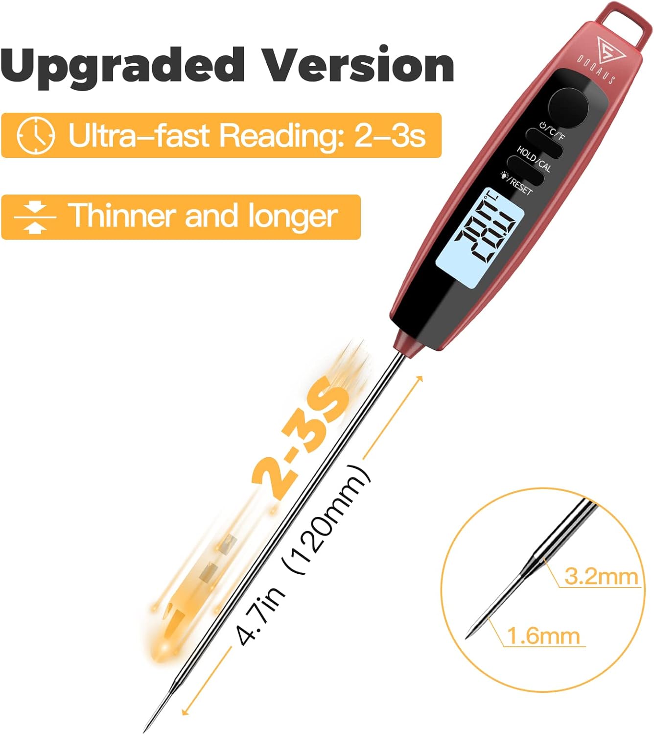 Detalle de DOQAUS Fleischthermometer – Grillthermometer mit 3-Sekunden-Auslese, IPX6 & ultradünner 8 mm Sonde
