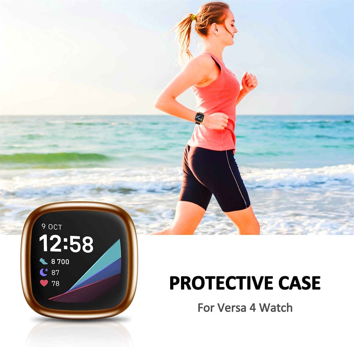 Detalle de TPU Screen Protector and Full Coverage Case for Fitbit Versa 4 (Rose Gold) – Waterproof
