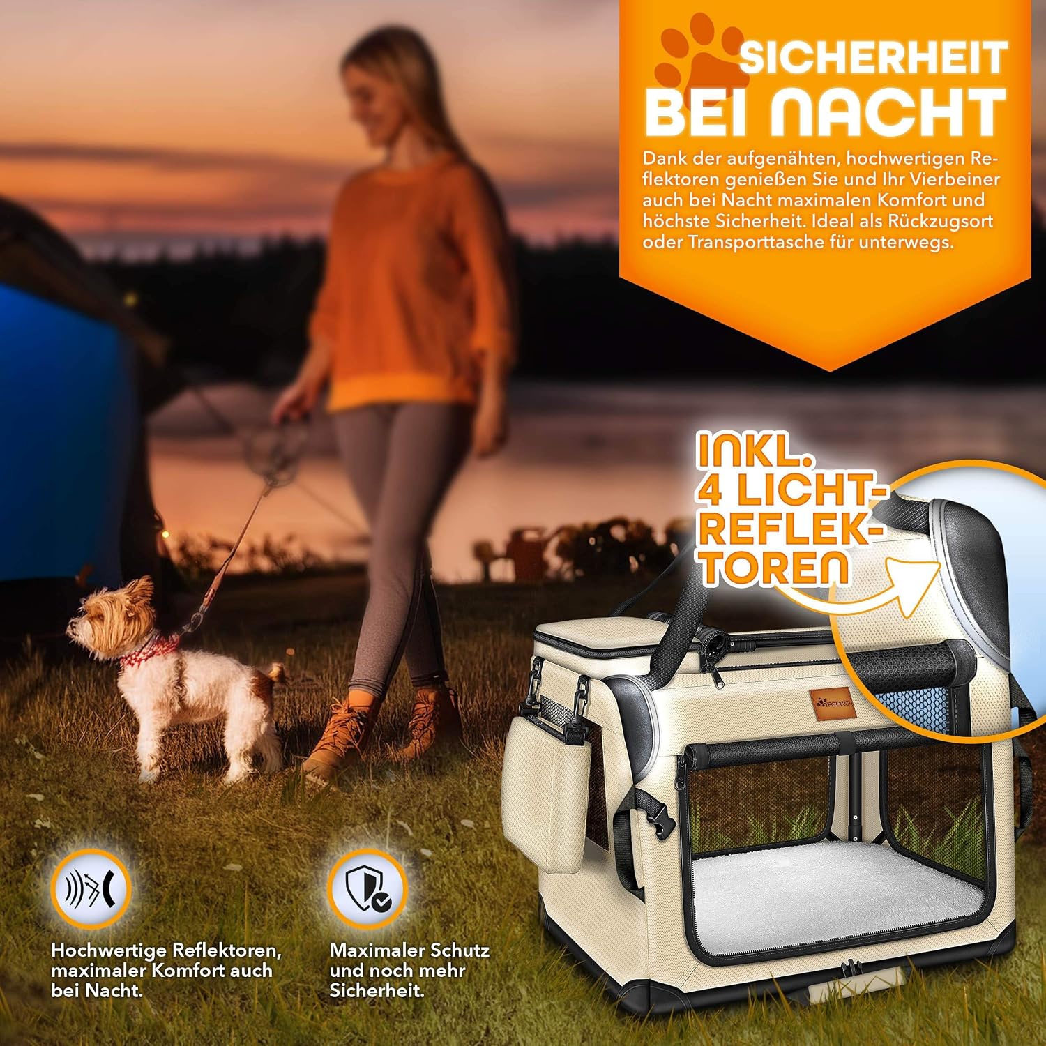 Detalle 2 de TRESKO Hundebox faltbar XXXL (102×69×69 cm) inkl. Leckmatte, Spatel & Reflektoren – Transportbox für Hunde und Katzen