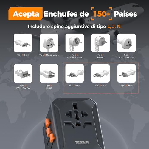 Thumbnail 6 de TESSAN Adaptador Enchufe Universal de Viaje 65W GaN con 5 USB