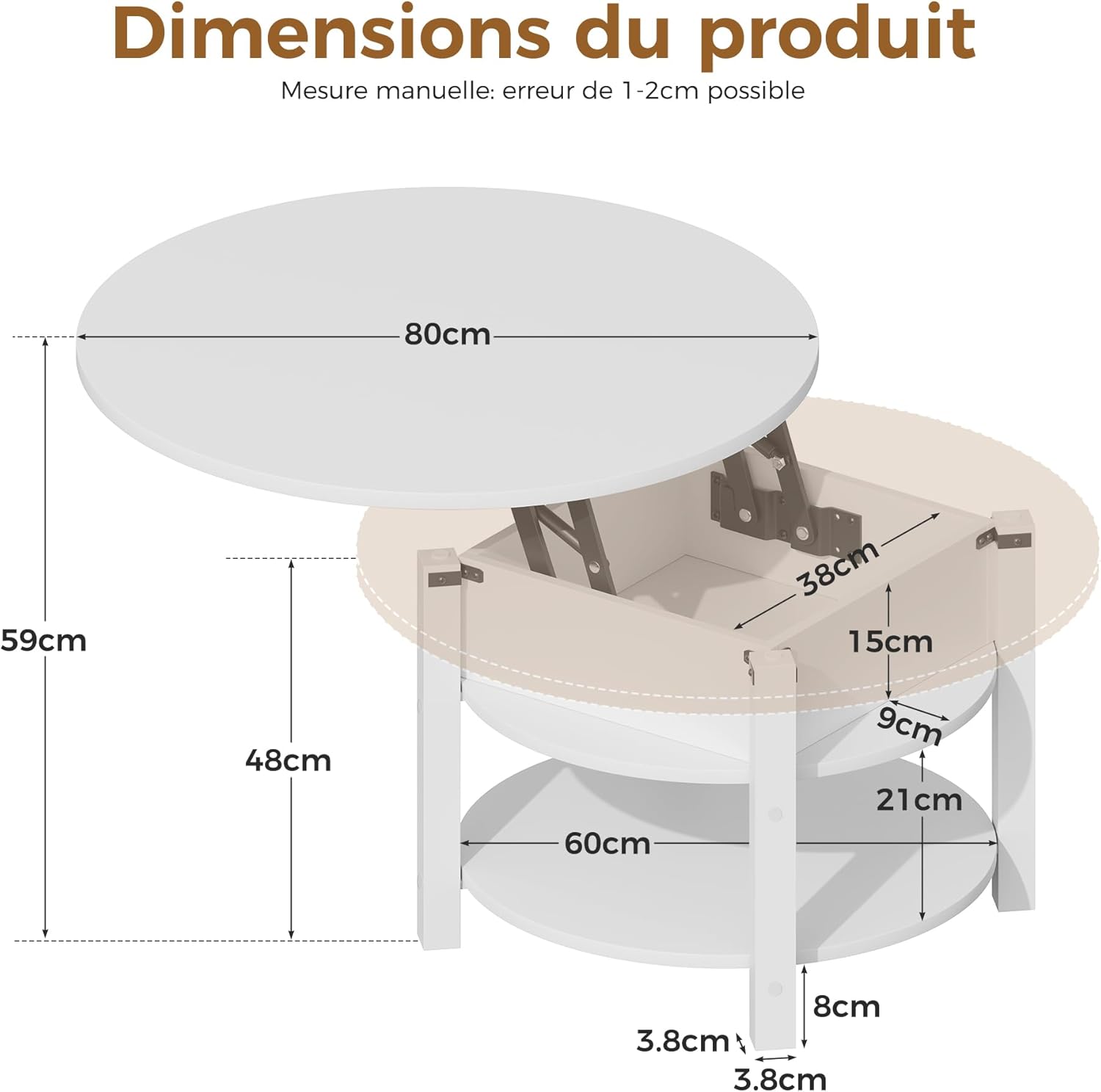 Detalle 2 de ELUCHANG Table Basse avec Rangement Caché 2-en-1 — 80x80 cm, Blanc