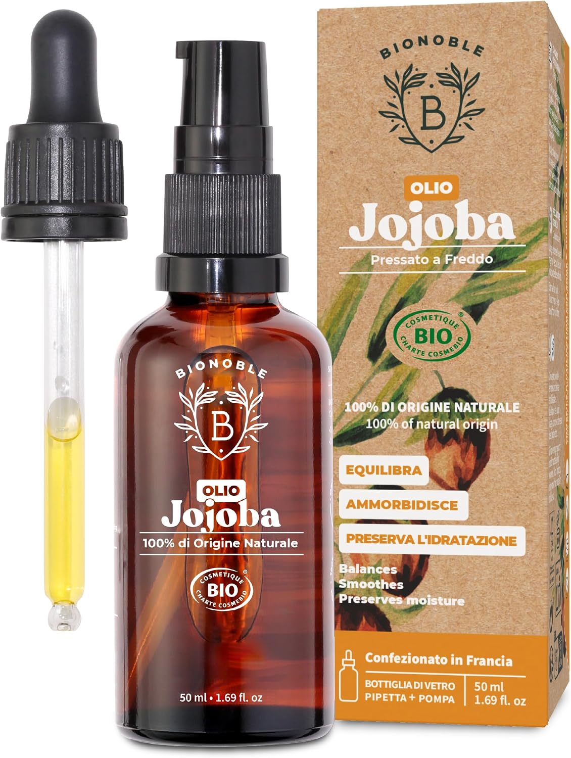 Detalle de BIONOBLE Olio di Jojoba Puro Biologico 100% - 50 ml pressato a freddo, multiposizione per pelle, capelli e corpo