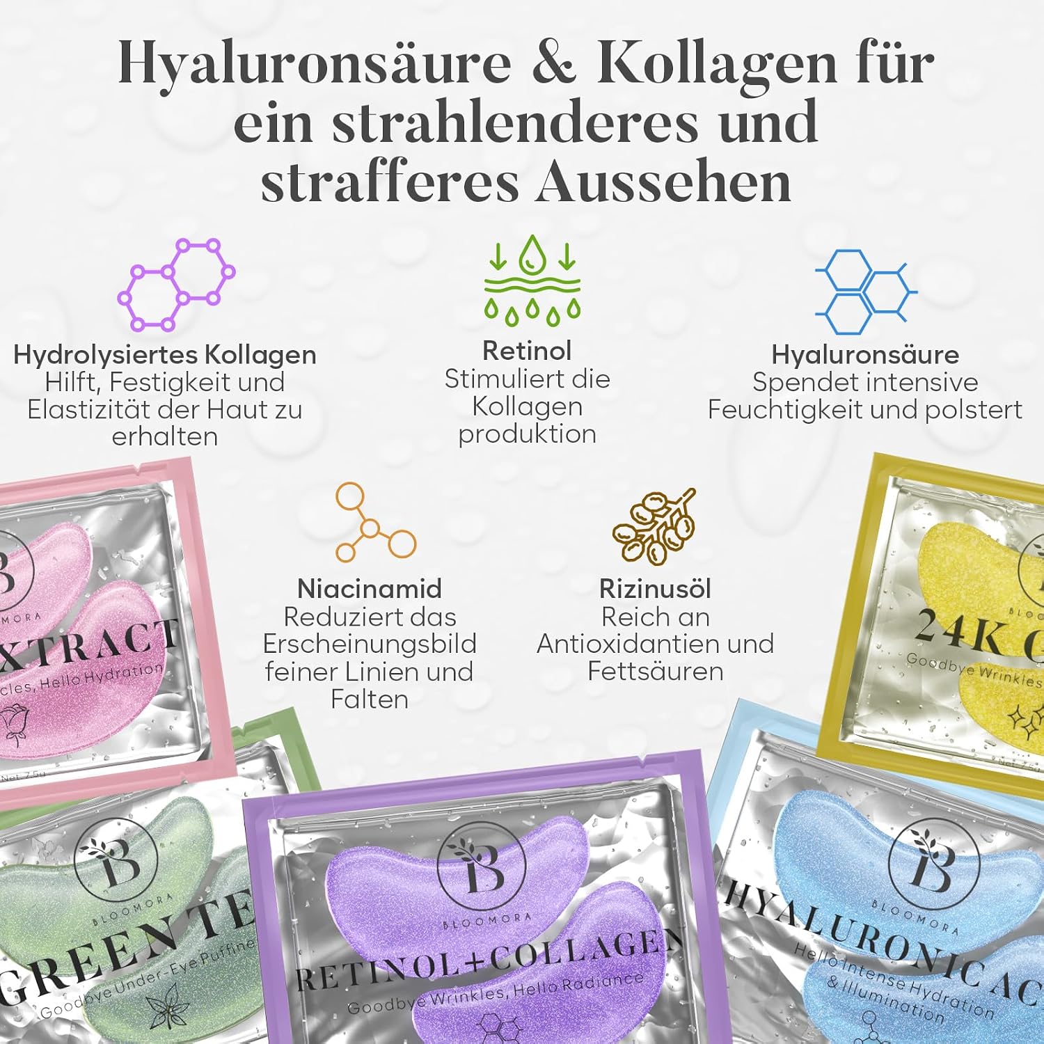 Detalle de BLOOMORA Gemischte Augenpads – 30 Paare mit Niacinamid & Hyaluron