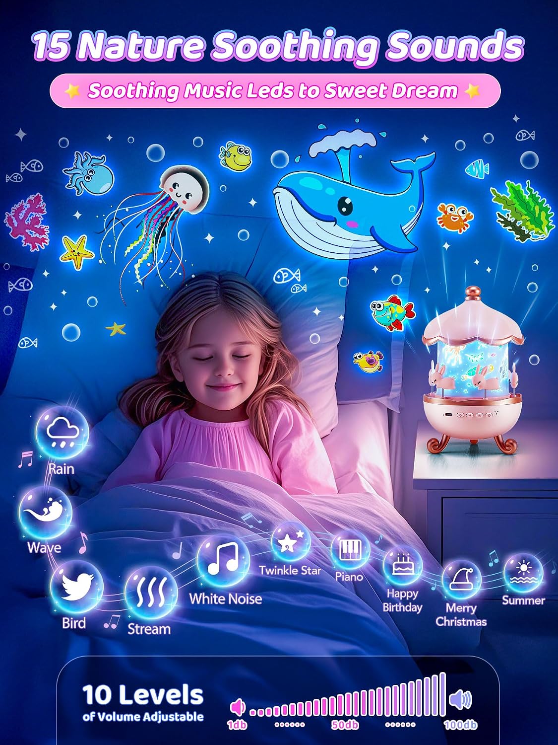 Detalle 2 de Carousel Night Light for Kids: Unicorn Star Projector With Remote, Timer, Music & Films (315 Color Modes)