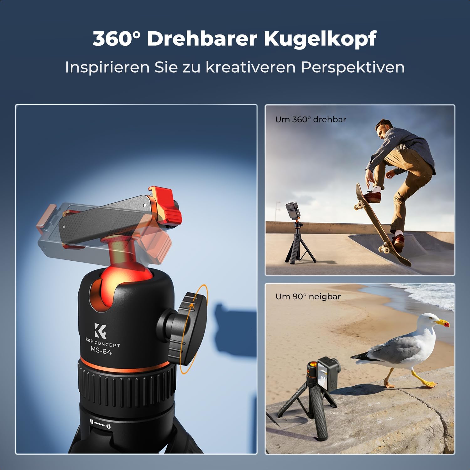 Detalle de K&F CONCEPT 65 cm Selfie-Stick Stativ für DJI Osmo Nano/Osmo Action 6 – 2-in-1, magnetischer Schnellverschluss, 360° Kugelkopf