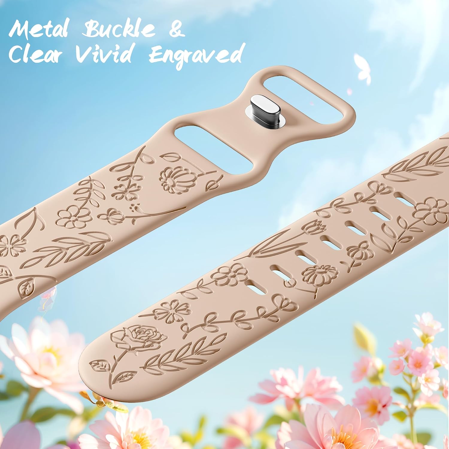 Detalle de SNBLK 6-Pack Floral Engraved Silicone Apple Watch Bands, Multiple Sizes