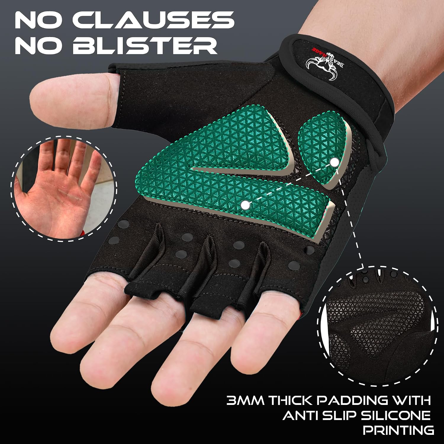 Detalle de BEAST RAGE Fingerless Workout Gloves, XL, Black with Palm Protection