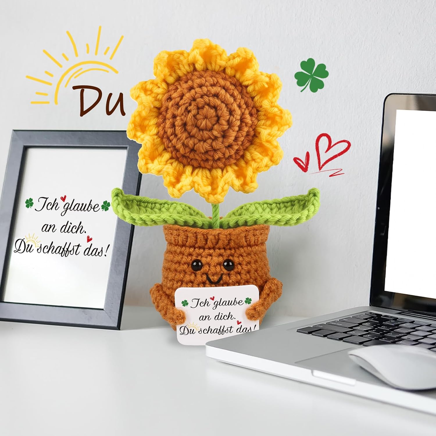 Detalle de WenmthG Positive Sonnenblume Pocket Hug – gestrickter Glücksbringer als kleines Mutmacher-Geschenk
