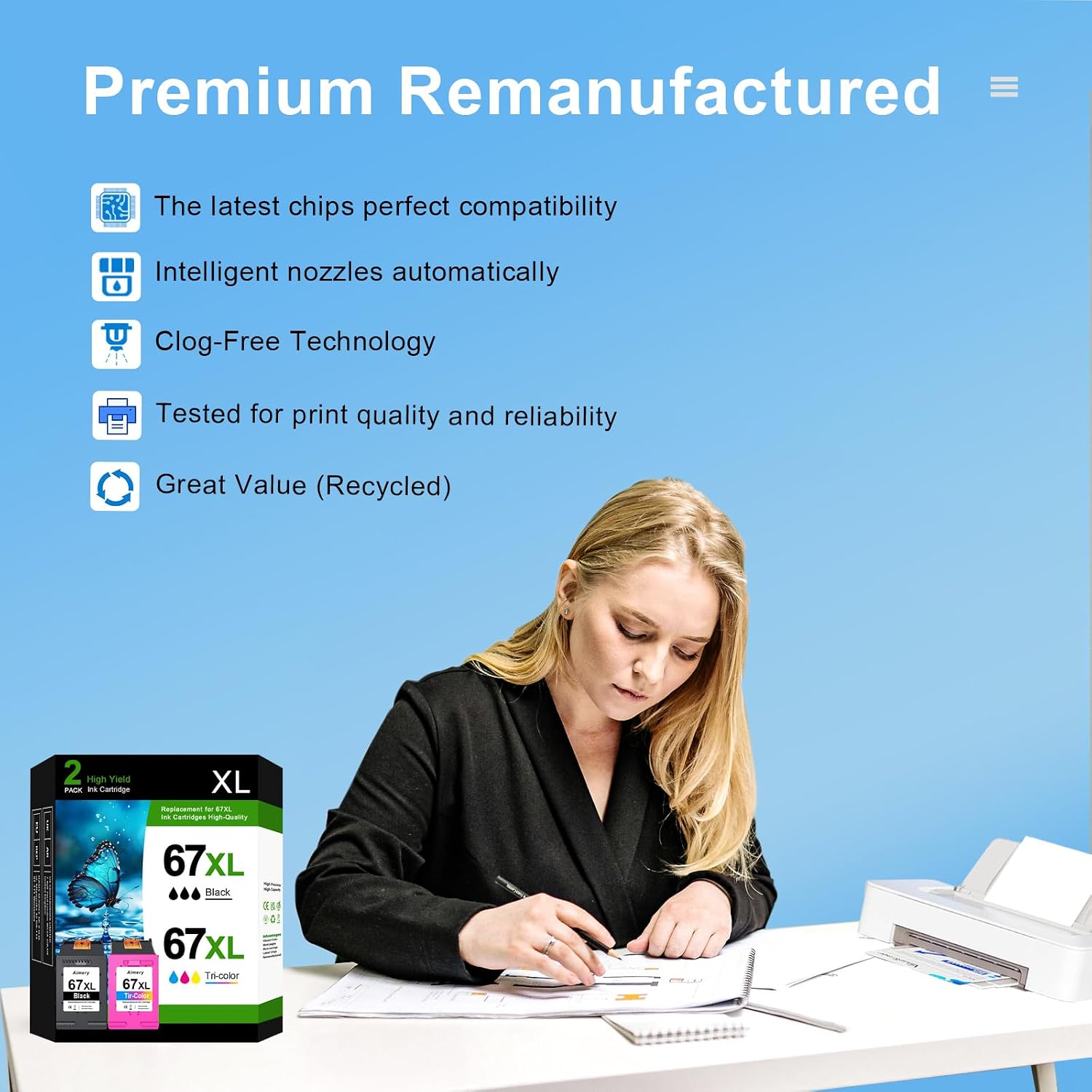 Detalle 2 de Aimery 67XL Ink Cartridges, Black and Tri-Colour 2-Pack with Upgraded Chip