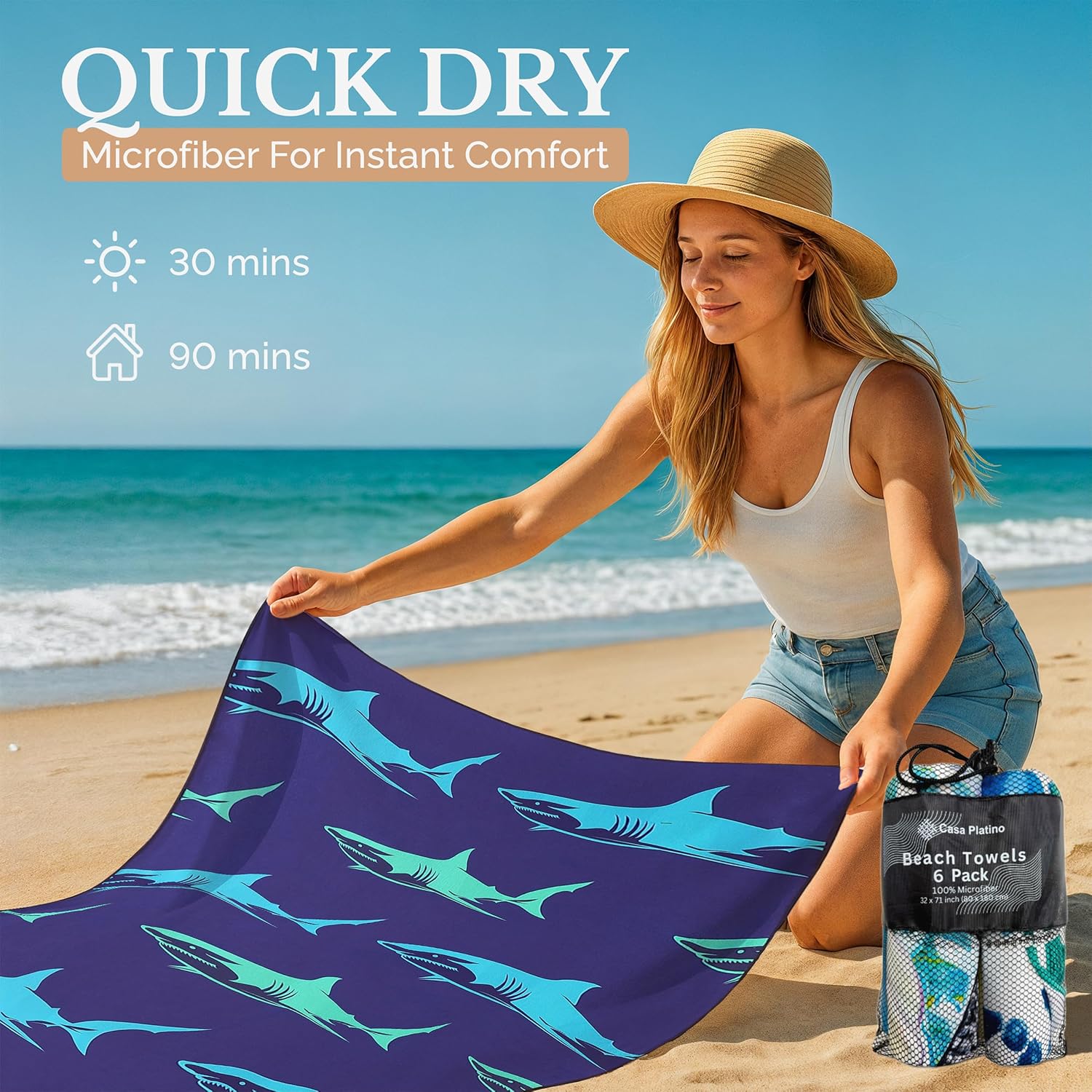Detalle de Casa Platino Beach Towels 6-Pack Extra Large – 32" x 71" Sand-Free Microfibre Towels