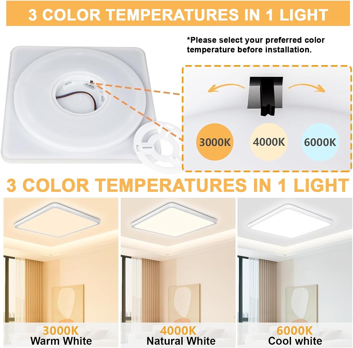 Detalle de Rravdst 29CM LED Ceiling Light 24W 3200LM, 3000K/4500K/6000K, IP54 Waterproof, Modern Square Design – 1Pack