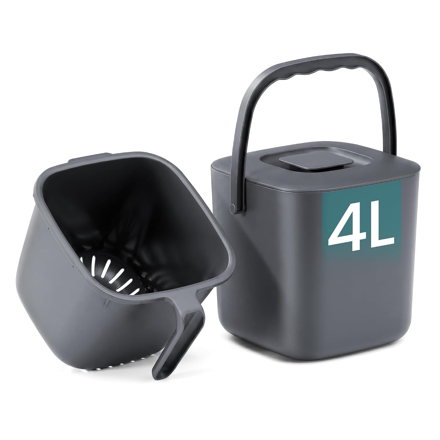 Detalle de SONGMICS LTB214GZ01 4 Litre Kitchen Compost Bin, Dark Grey with Strainer