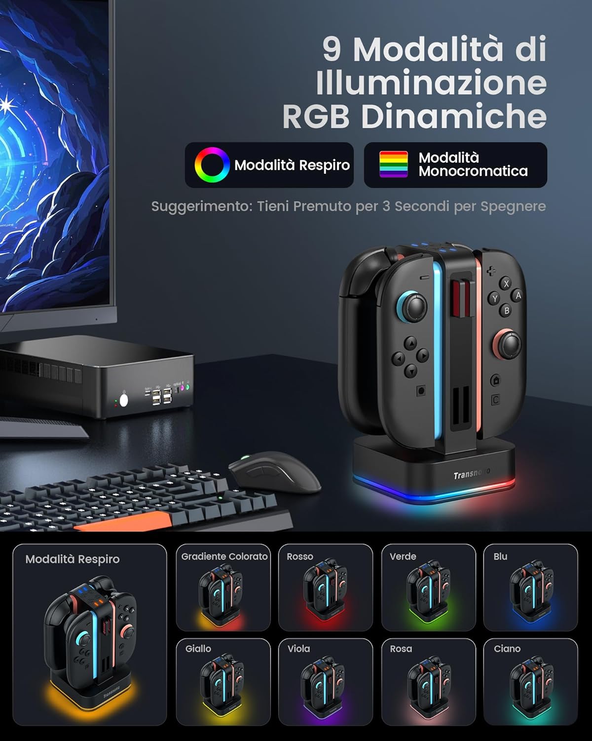 Thumbnail 4 de TRANSNOVO stazione di ricarica 4 in 1 per Nintendo Switch 2 con RGB, 8 alloggiamenti e indicatore LED