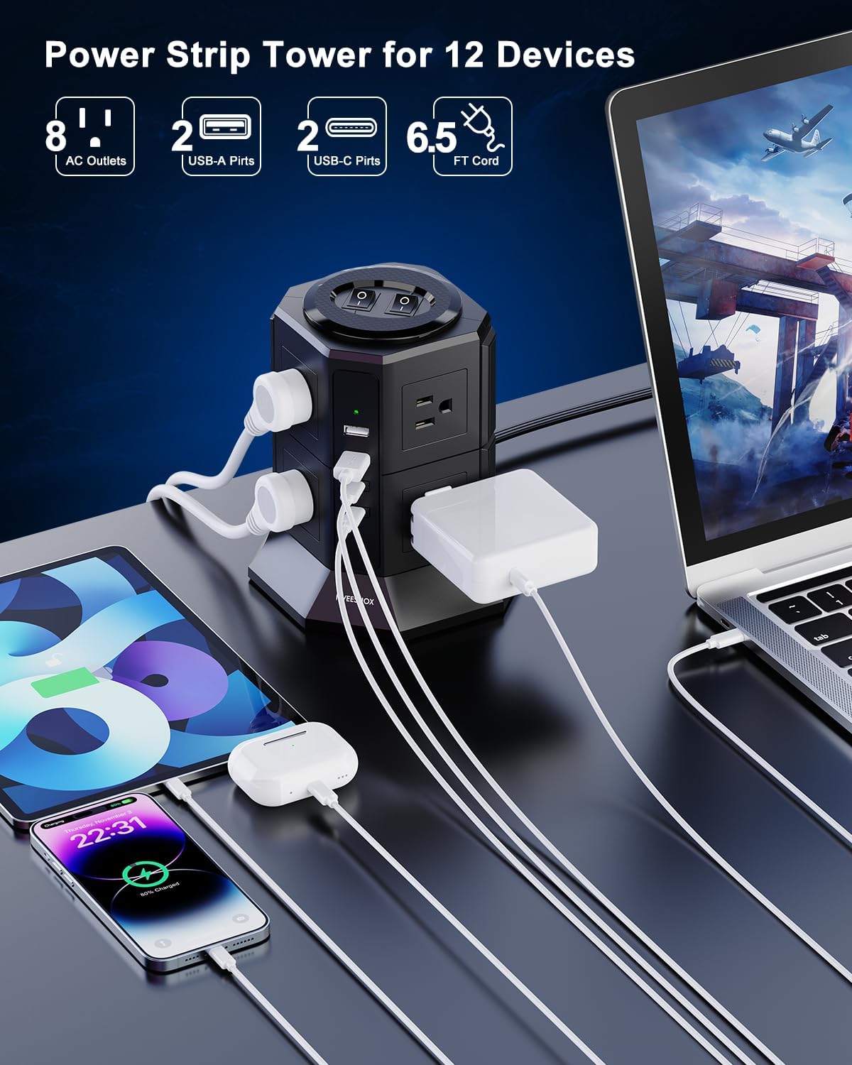 Detalle 2 de Surge Protector Tower 8 AC 4 USB Ports 6.5 ft ๐ชซ