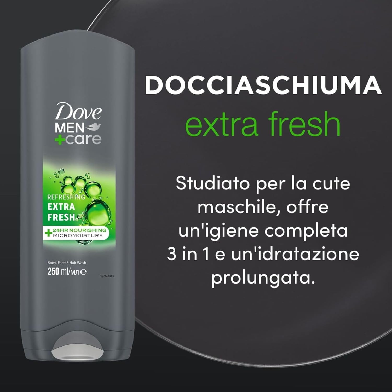 Detalle de Dove Men+Care Extra Fresh 3-in-1: docciaschiuma idratante 6x250 ml per corpo, viso e capelli