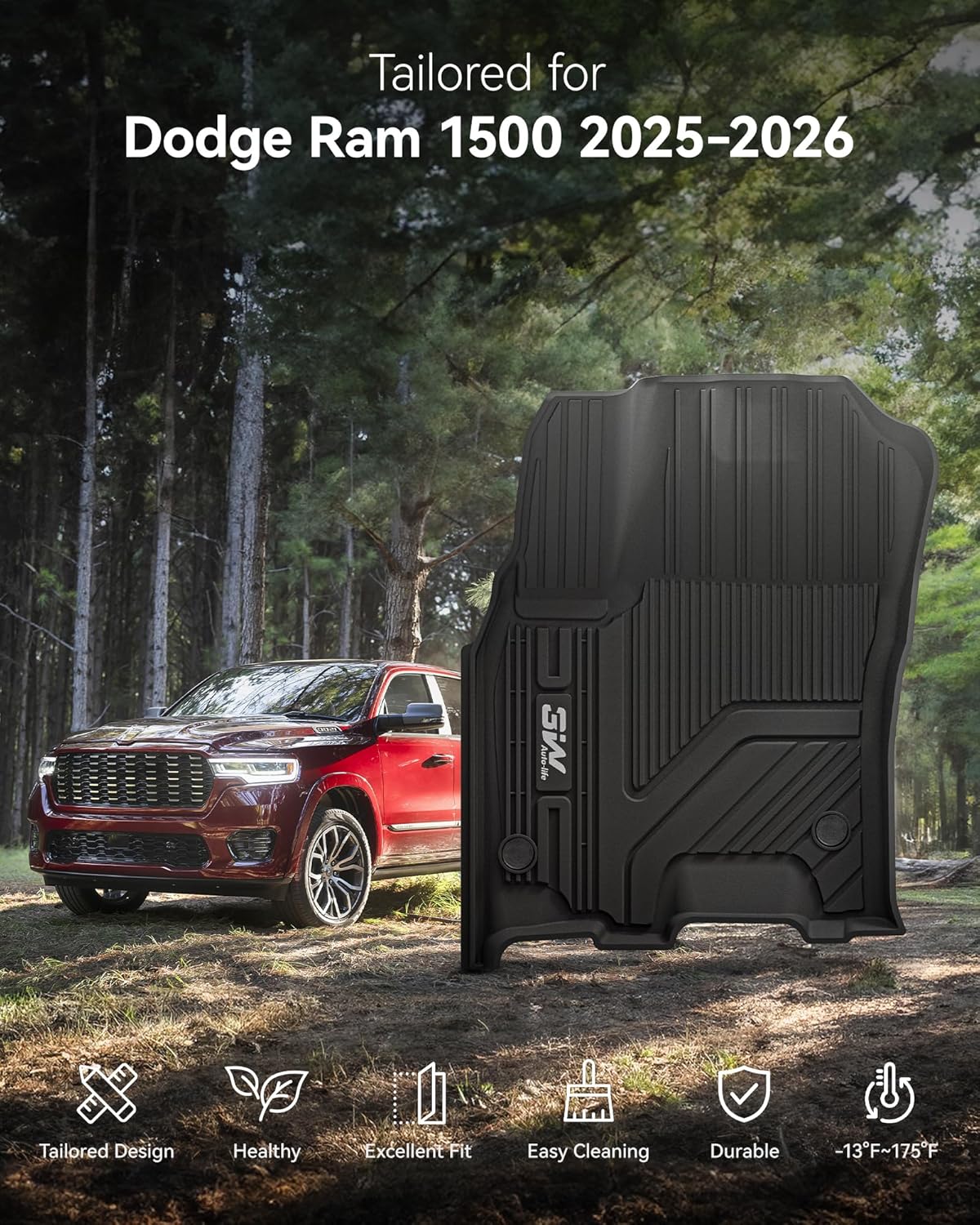 Thumbnail 1 de 3W TPE All-Weather Floor Mats for Dodge Ram 1500 Crew Cab 2025–2026 (Black)