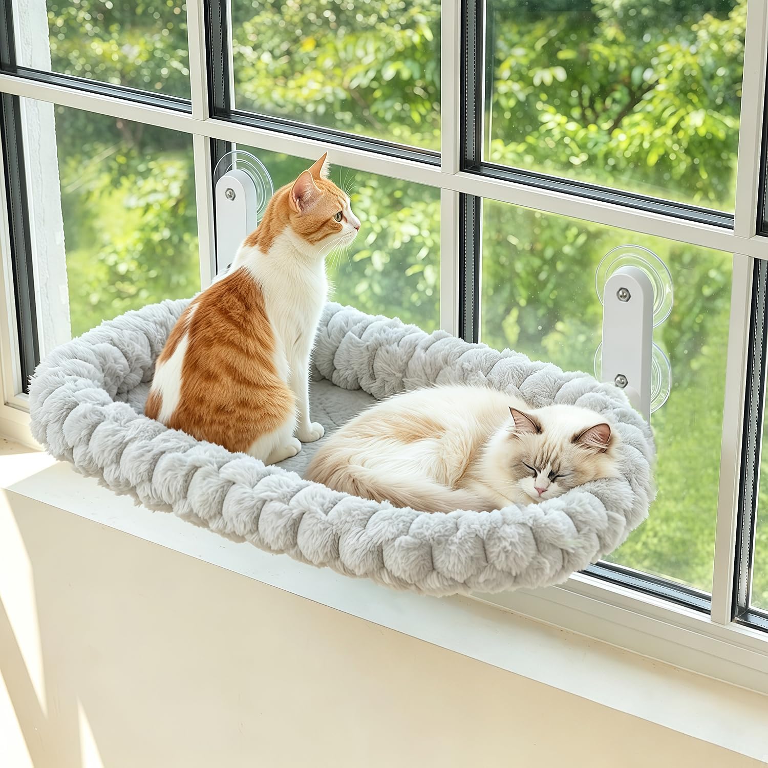Detalle de AMOSIJOY CWP-XL-GREY-STRIPE Foldable Cat Window Perch, XL Gray Cushion