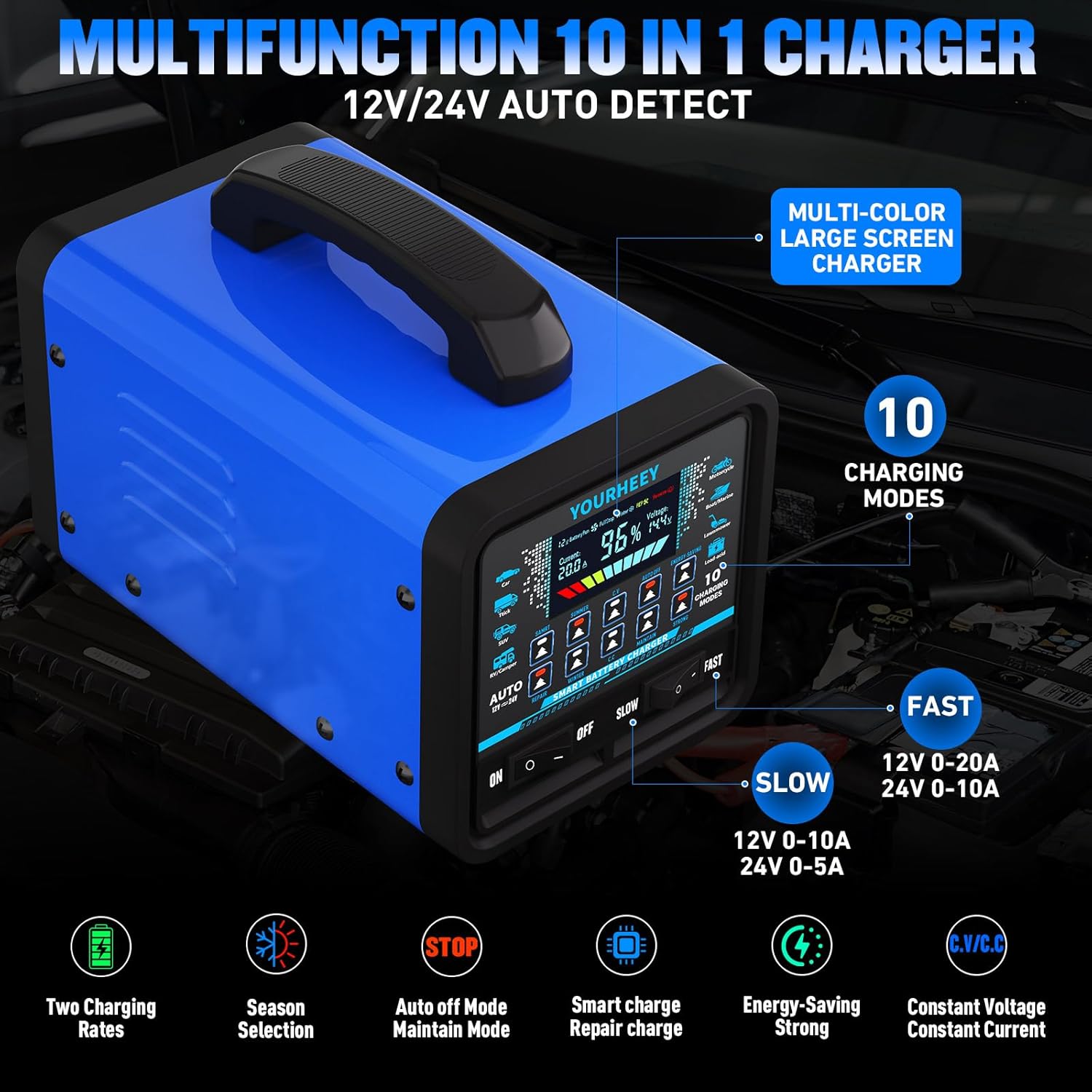 Thumbnail 1 de yourheey 2026 Upgraded 12V/24V 0-20A Heavy Duty Battery Charger/Maintainer with Auto Shutoff, Repair & Winter Mode