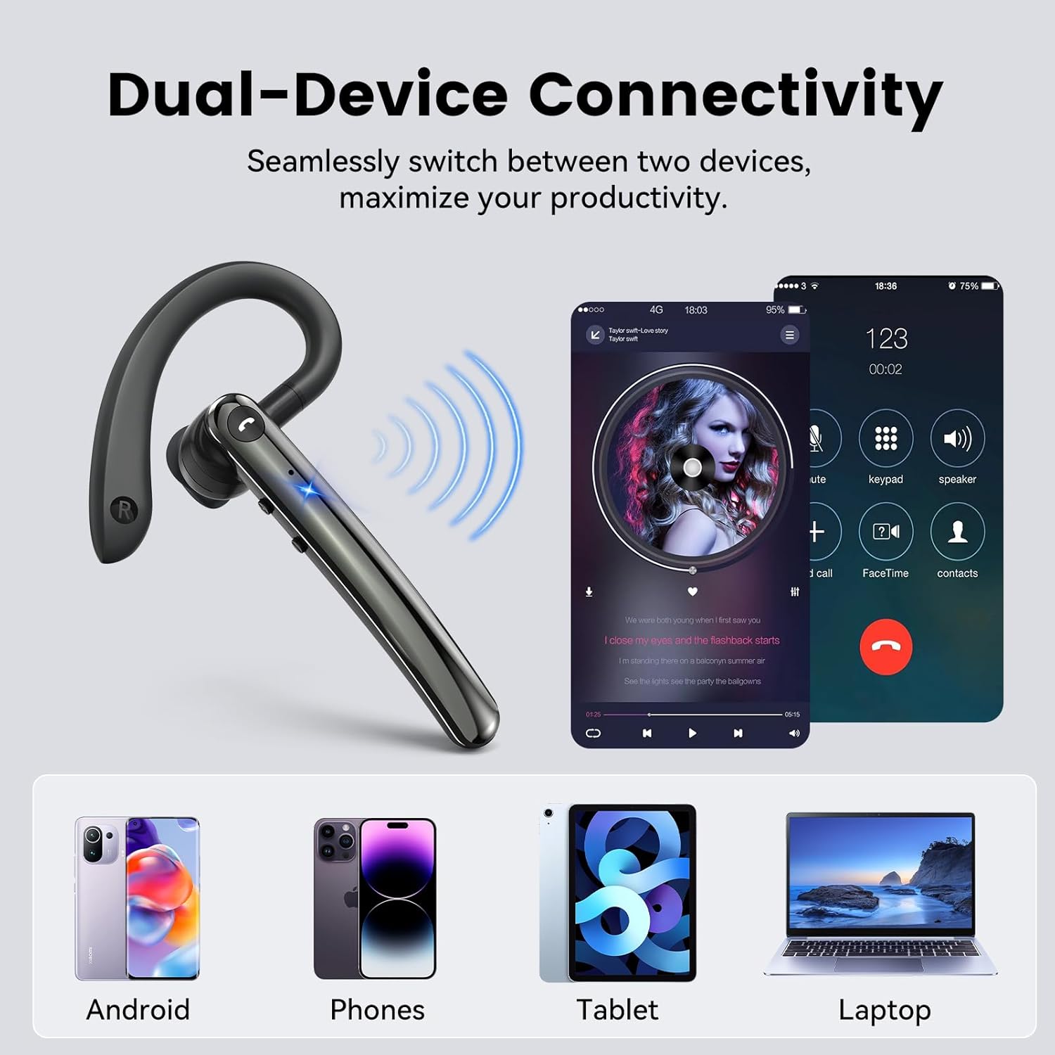 Thumbnail 4 de Bluetooth Headset V5.4 with Dual Mic, Dual Pairing and 18H Playback (handsfree earpiece)