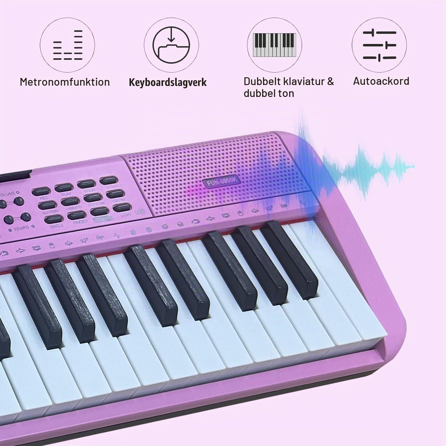 Detalle de Funtaki FUN-6000K keyboard med 61 belysta tangenter och undervisningslägen, ljusrosa
