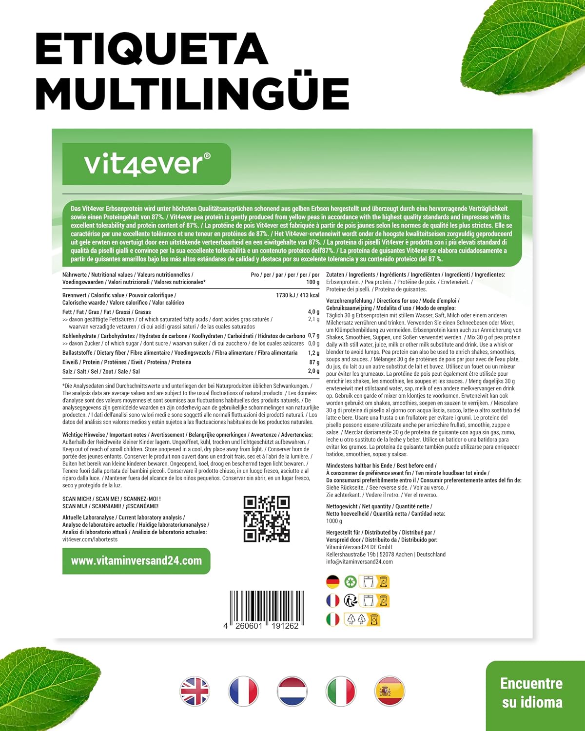 Thumbnail 6 de Vit4ever Pea Protein: aislado de proteína de guisante en polvo 1000 g (87%) sin gluten ni lactosa
