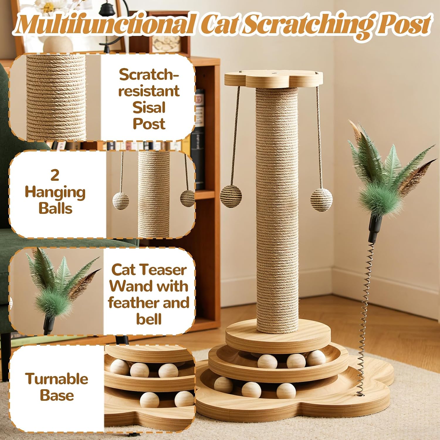 Detalle de Cat Scratching Post with Sisal Rope – Interactive 46cm Wood Base Cat Toy