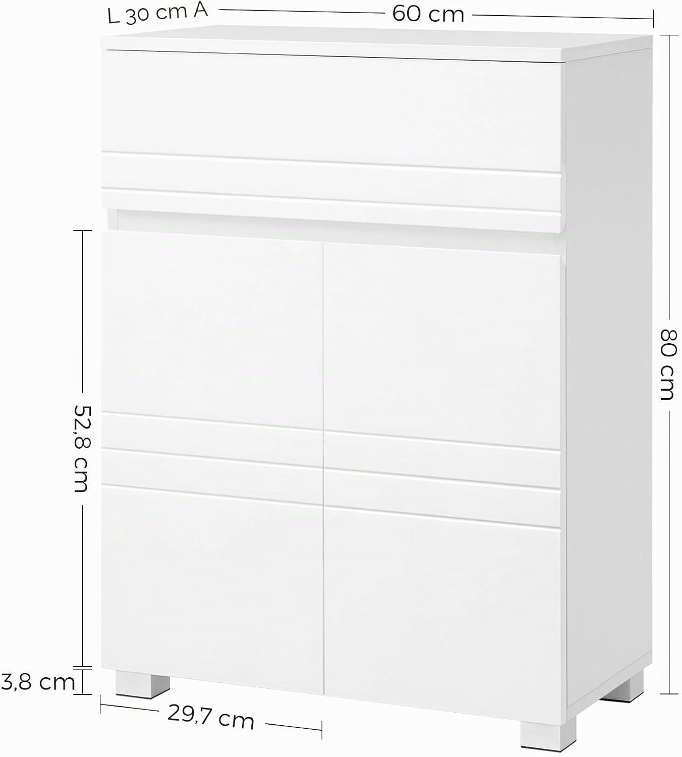 Detalle de VASAGLE Armadietto da bagno BBK140W01 con cassetto e doppia anta, ripiano regolabile, 60 x 30 x 80 cm (bianco)