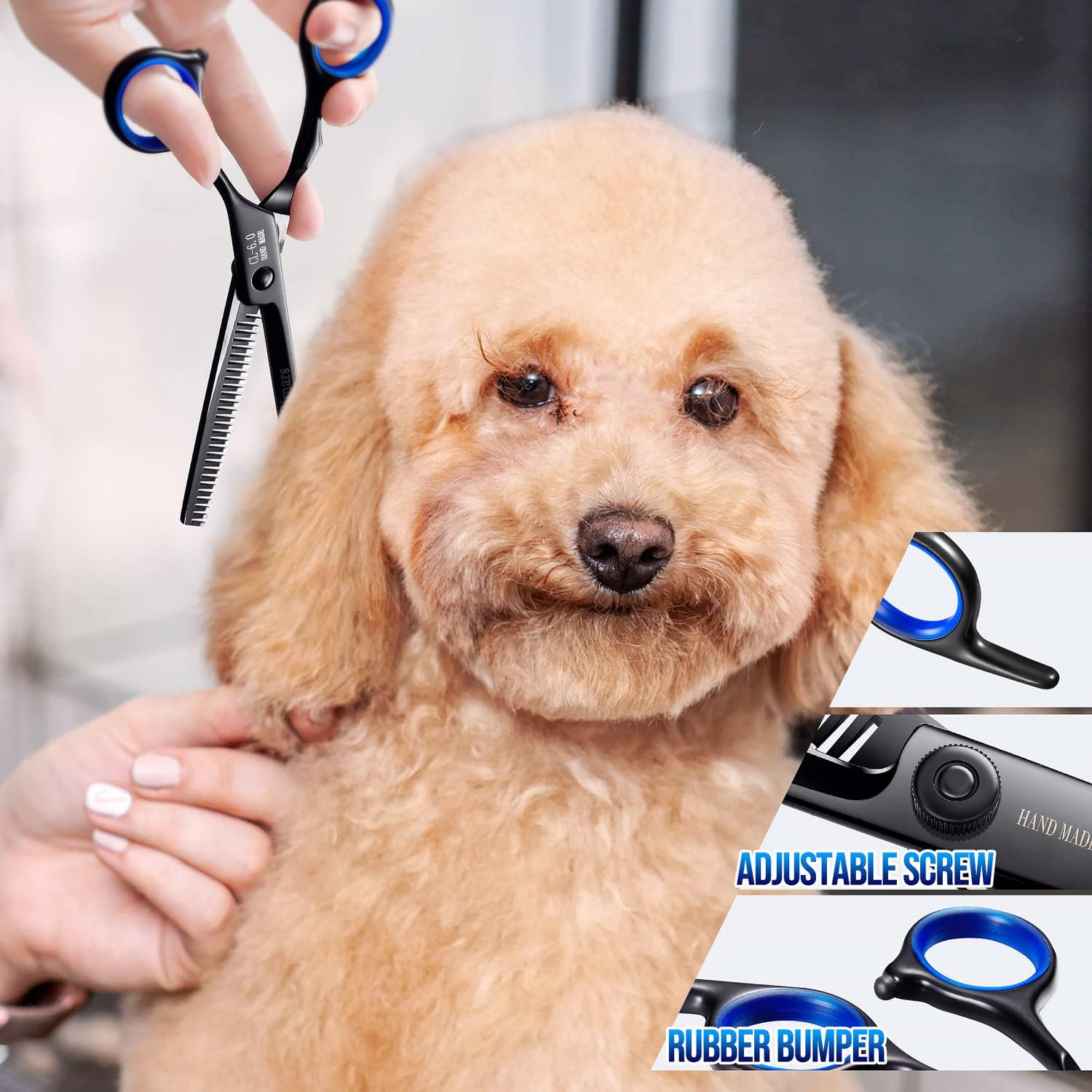 Detalle de Gimars 4C 5-in-1 Dog Grooming Scissors Kit with Safety Round Tips – 4CR Stainless, Titanium Coated (Black)