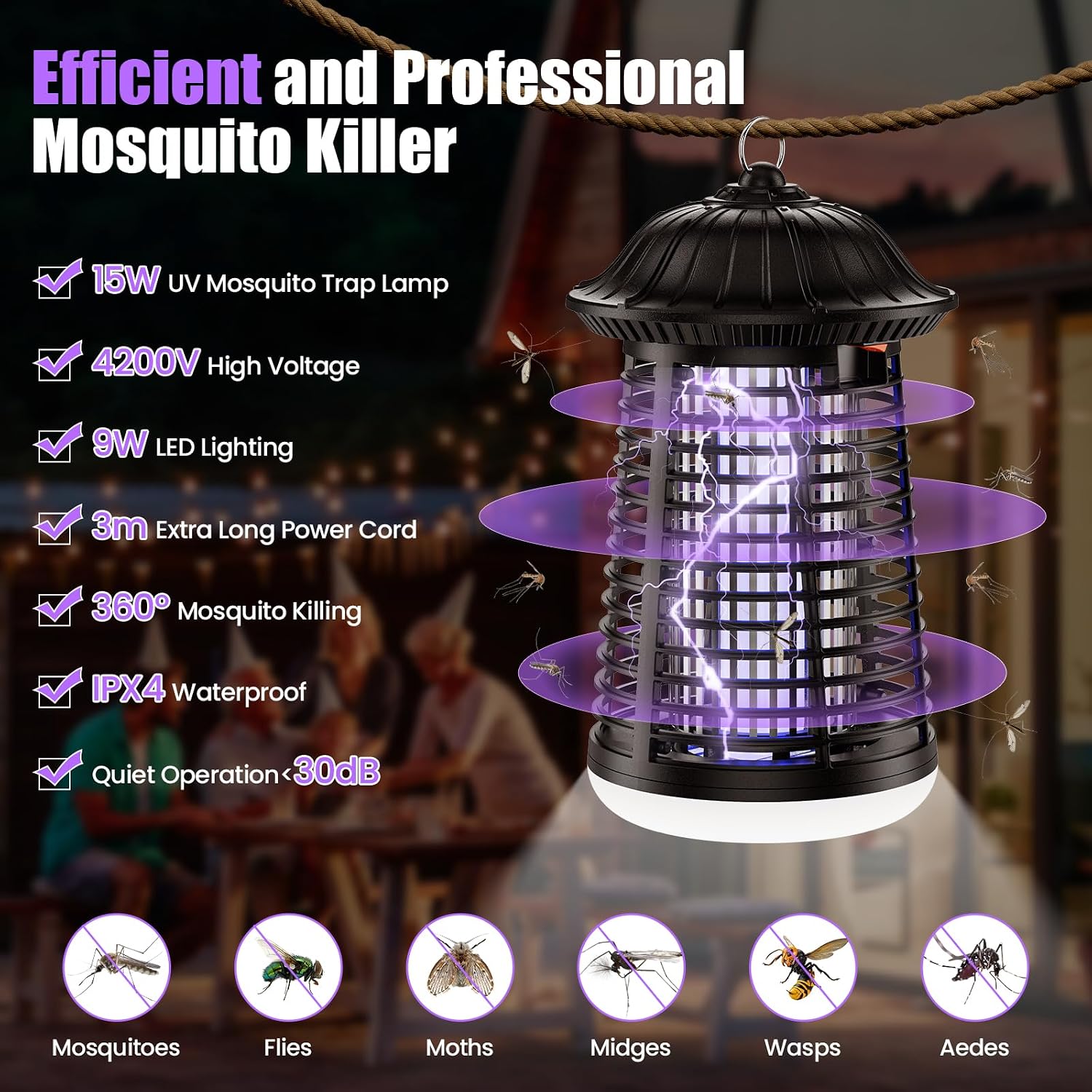 Detalle 2 de PKBD 15W Mosquito Killer Lamp with LED Light (2-in-1 fly zapper, 4200V grid, IPX4)