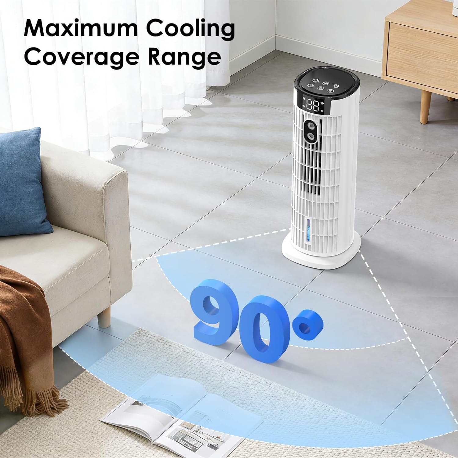 Detalle de Air Cooler Portable Air Conditioner with 3 Speeds, LED Display, and Remote – 90° Oscillation Tower Fan (White)